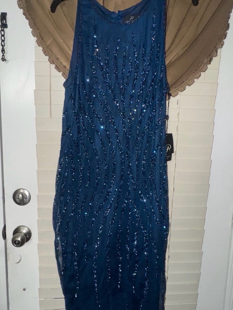 Adrianna Papell Beaded Navy-Teal Evening Gown
